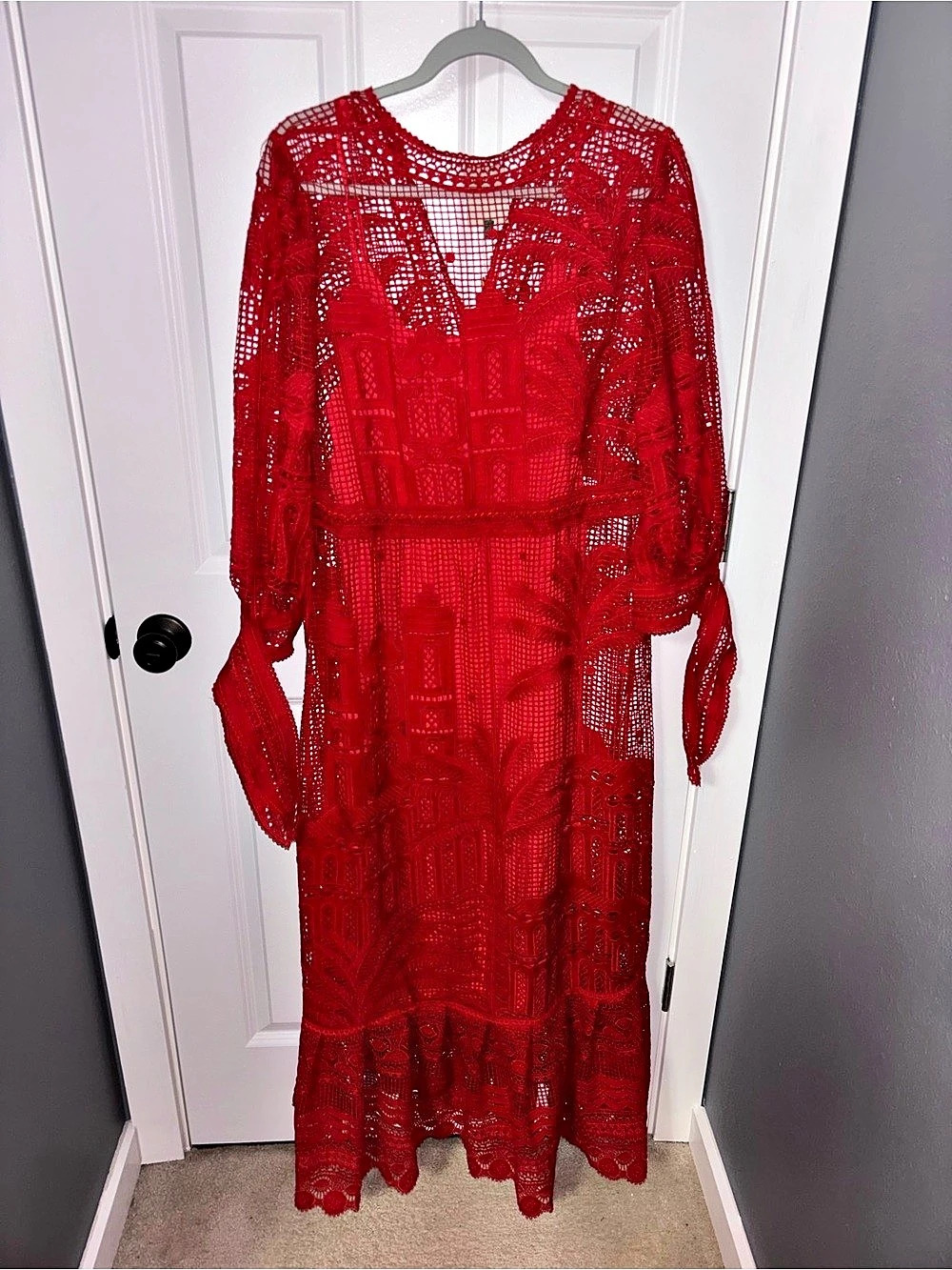 Farm Rio Red Morada Boa Guipure Maxi Dress Medium - Picture 3 of 6